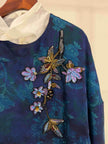 LUXE ORIENTA – Blue Xiangyunsha Silk French Embroidery Asymmetric Blouse