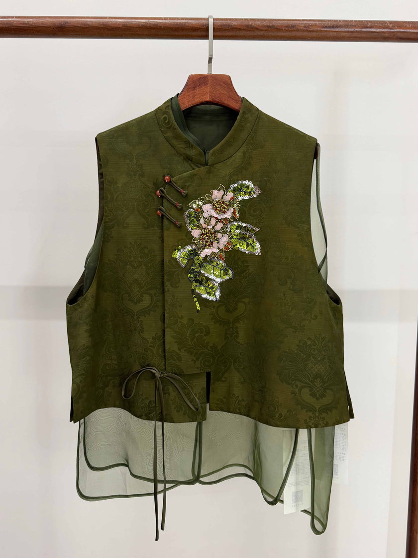 LUXE ORIENTA – French Embroidery Jacquard Layered Vest Two-Piece Set
