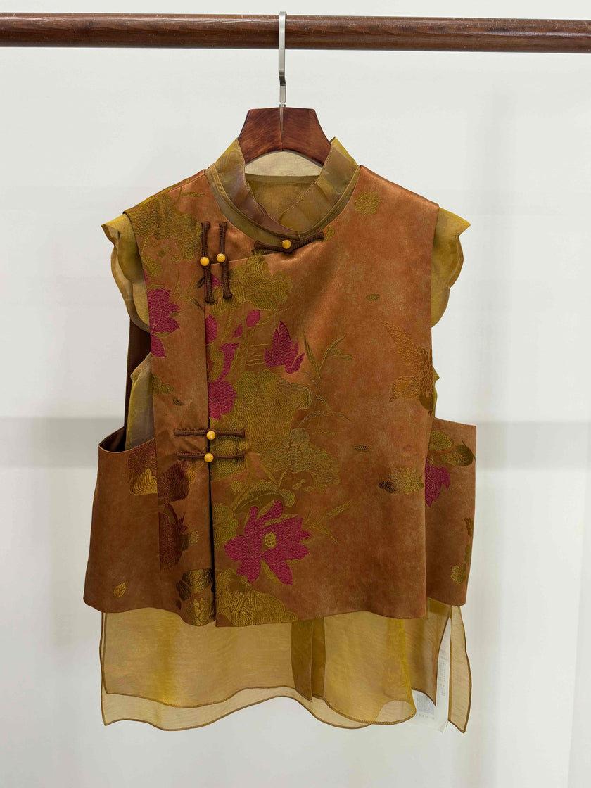 LUXE ORIENTA – Mulberry Silk Jacquard Layered Vest in Amber Bronze