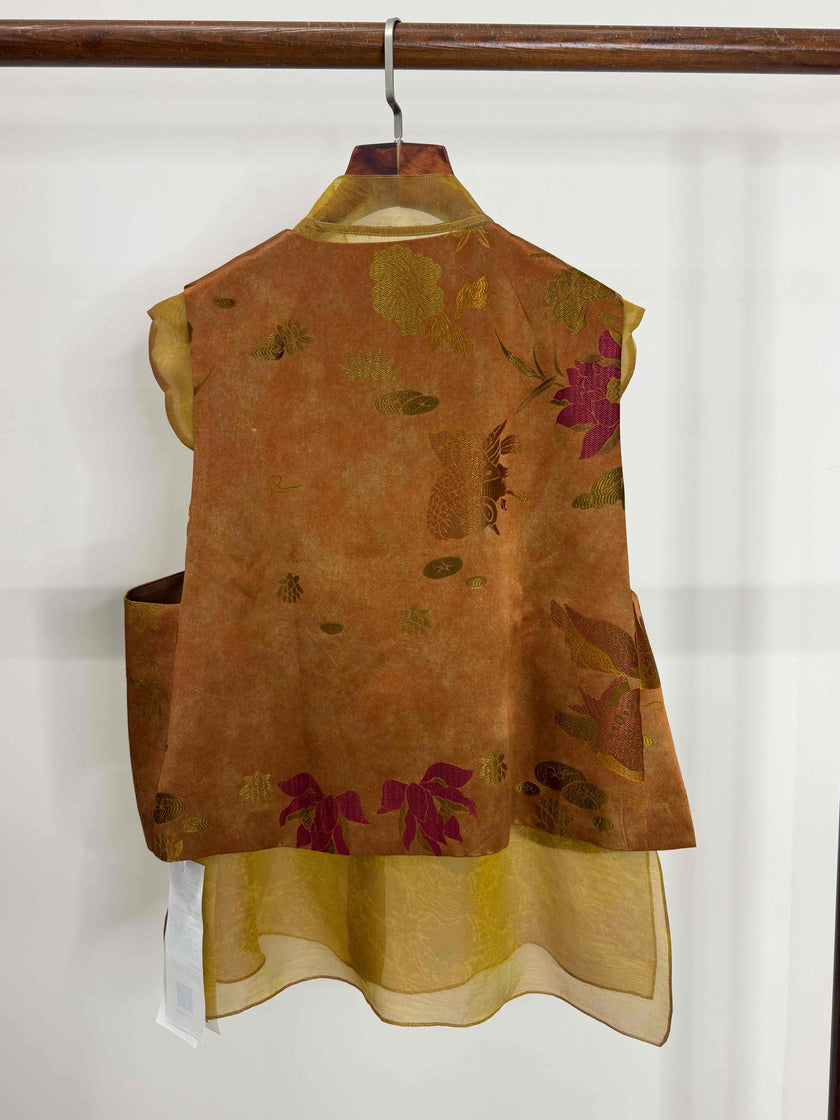 LUXE ORIENTA – Mulberry Silk Jacquard Layered Vest in Amber Bronze