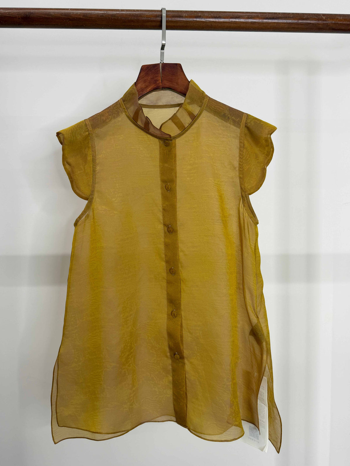 LUXE ORIENTA – Mulberry Silk Sheer Standing Collar Sleeveless Top (Amber Yellow)