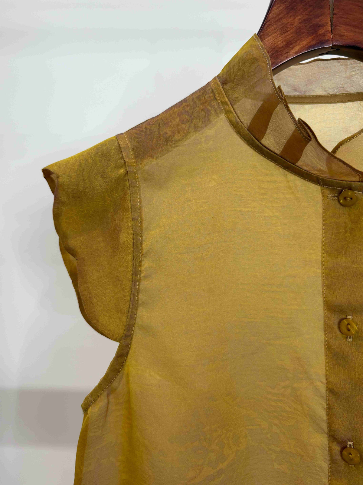 LUXE ORIENTA – Mulberry Silk Sheer Standing Collar Sleeveless Top (Amber Yellow)