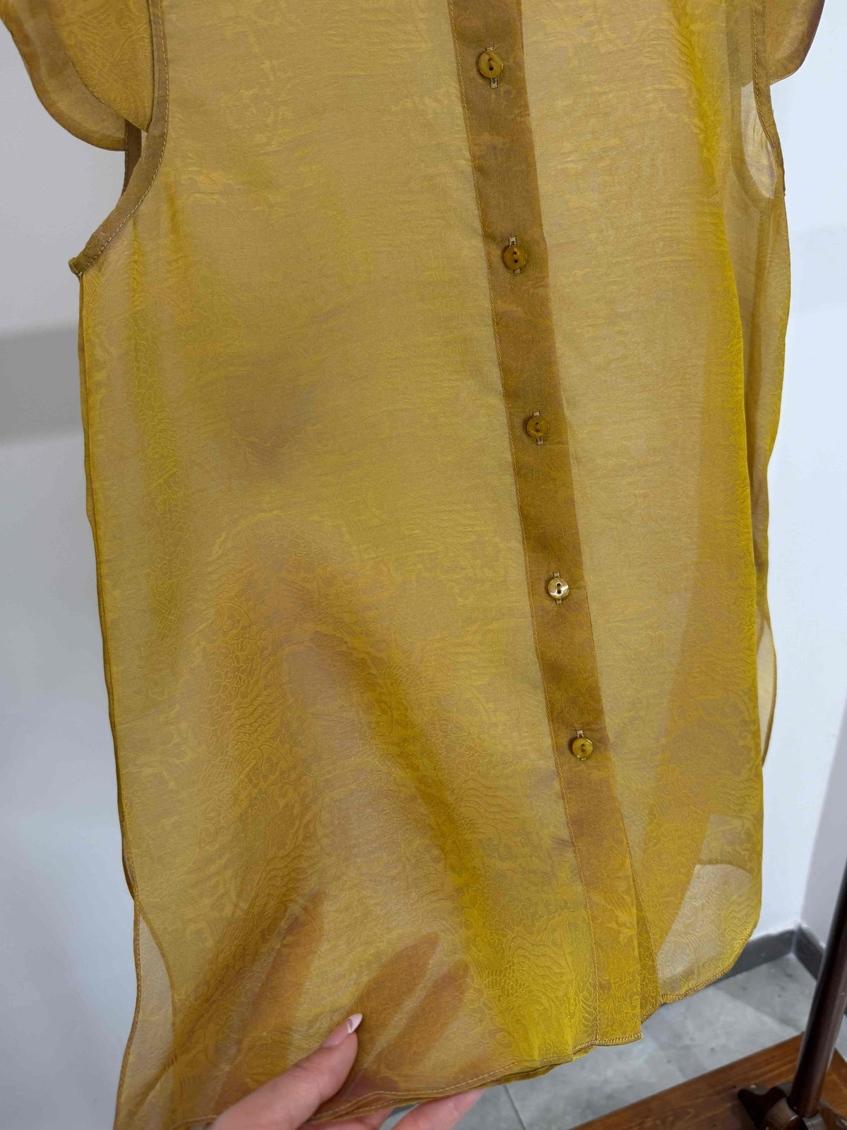 LUXE ORIENTA – Mulberry Silk Sheer Standing Collar Sleeveless Top (Amber Yellow)