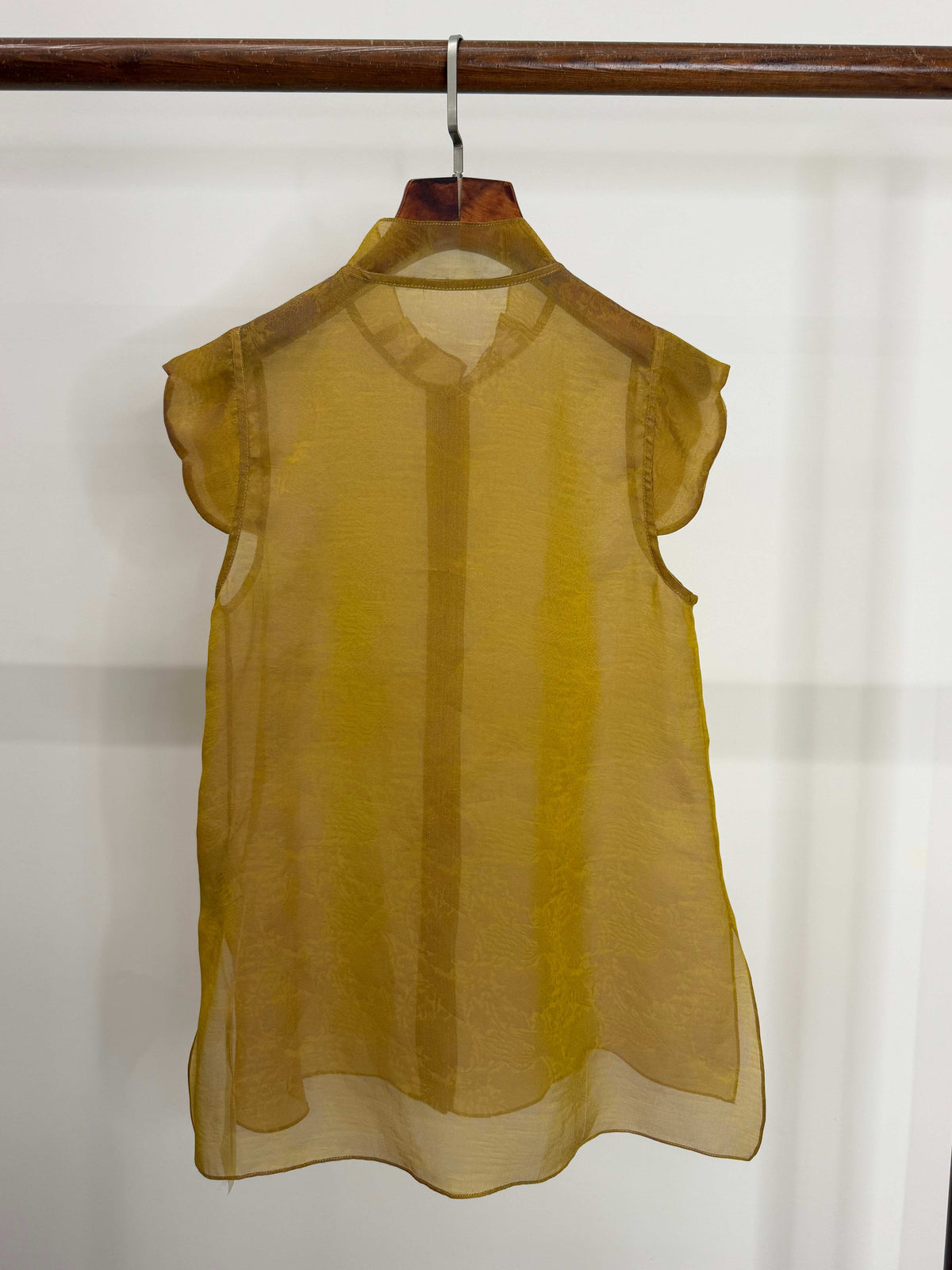 LUXE ORIENTA – Mulberry Silk Sheer Standing Collar Sleeveless Top (Amber Yellow)