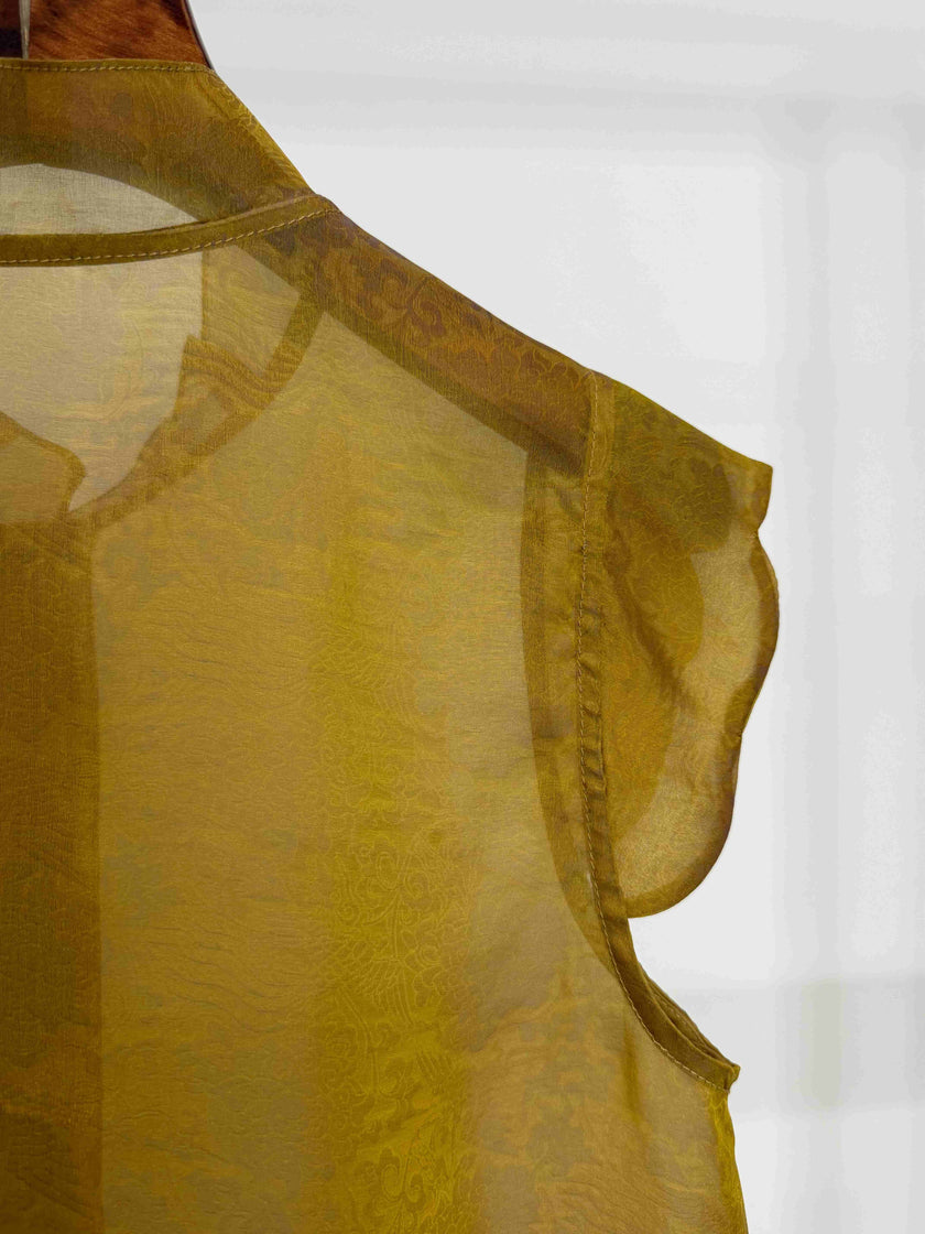 LUXE ORIENTA – Mulberry Silk Sheer Standing Collar Sleeveless Top (Amber Yellow)