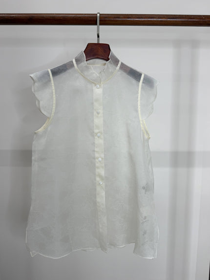 LUXE ORIENTA – Mulberry Silk Sheer Standing Collar Sleeveless Top (Pearl White)
