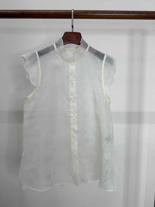 LUXE ORIENTA – Mulberry Silk Sheer Standing Collar Sleeveless Top (Pearl White)