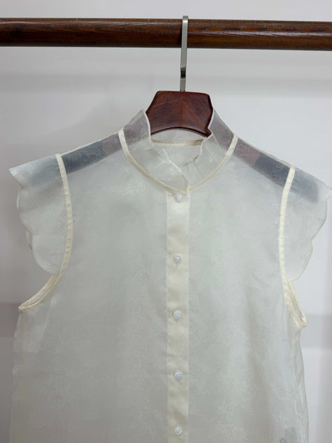 LUXE ORIENTA – Mulberry Silk Sheer Standing Collar Sleeveless Top (Pearl White)