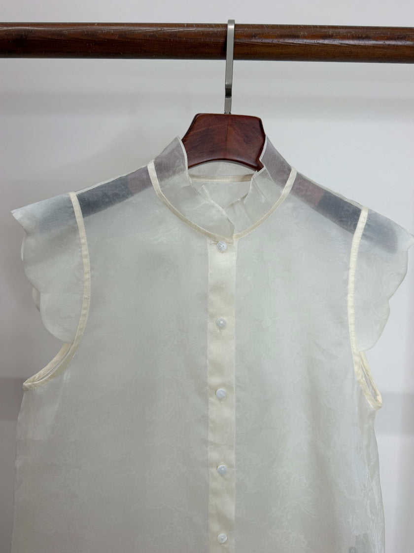LUXE ORIENTA – Mulberry Silk Sheer Standing Collar Sleeveless Top (Pearl White)