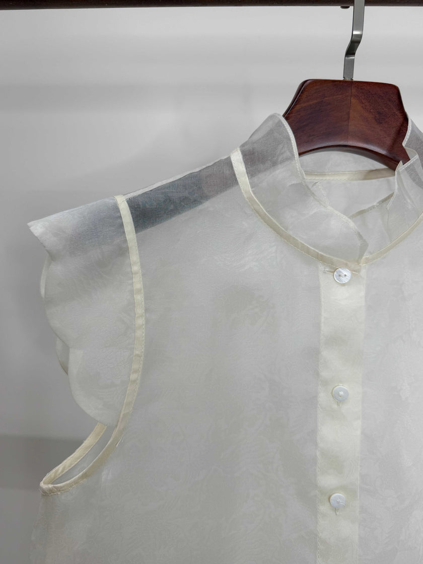 LUXE ORIENTA – Mulberry Silk Sheer Standing Collar Sleeveless Top (Pearl White)