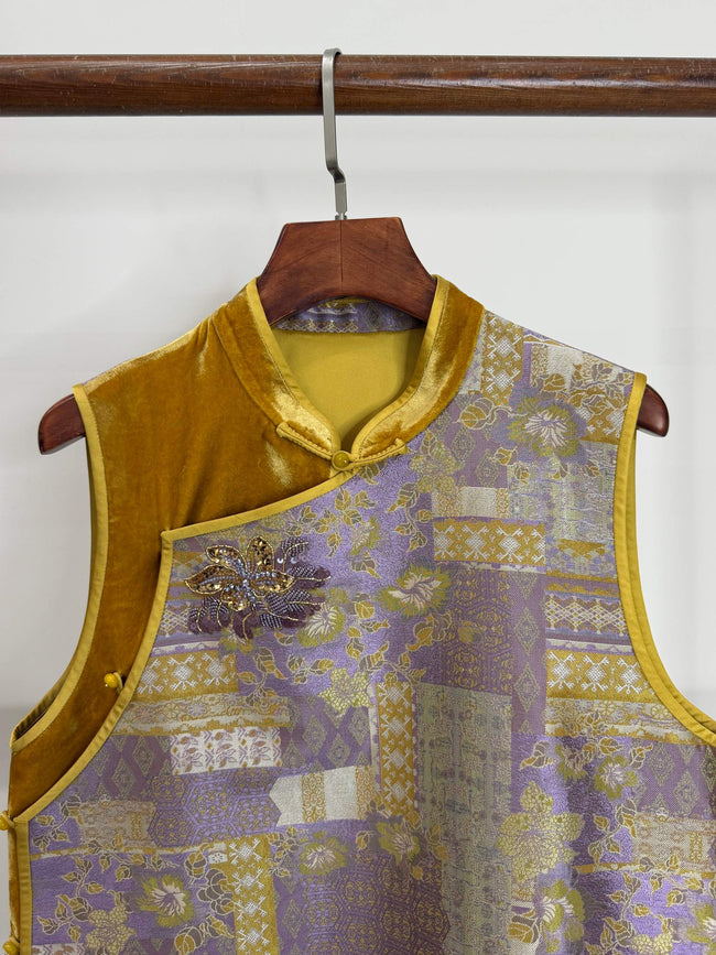 LUXE ORIENTA – Yellow Song Brocade & Velvet French Embroidery Silk Vest