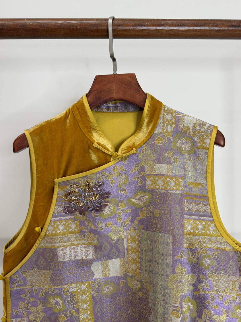 LUXE ORIENTA – Yellow Song Brocade & Velvet French Embroidery Silk Vest