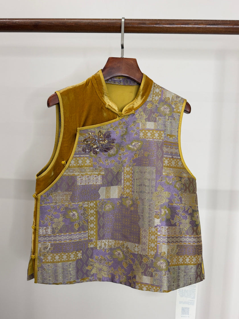 LUXE ORIENTA – Yellow Song Brocade & Velvet French Embroidery Silk Vest