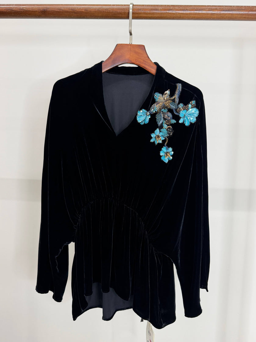 LUXE ORIENTA – French Beaded Silk Velvet V-Neck Top in Onyx Black