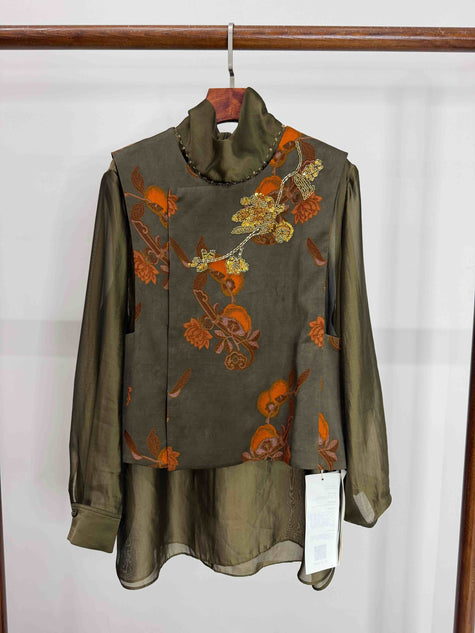 LUXE ORIENTA – Green Persimmon Jacquard Layered Vest