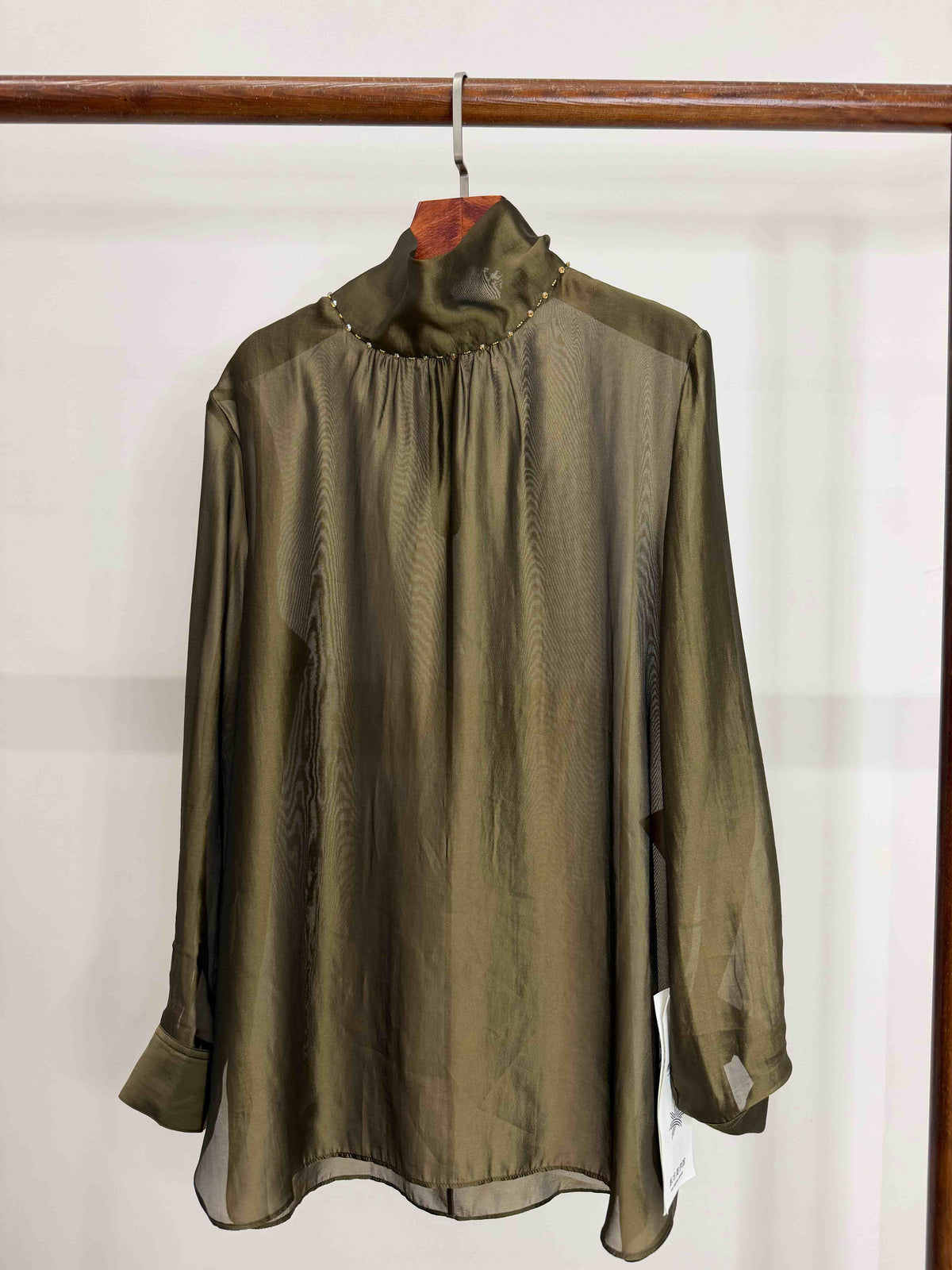 LUXE ORIENTA – Olive Green High-Neck Sheer Blouse with Beaded Collar