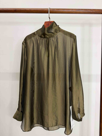 LUXE ORIENTA – Olive Green High-Neck Sheer Blouse with Beaded Collar
