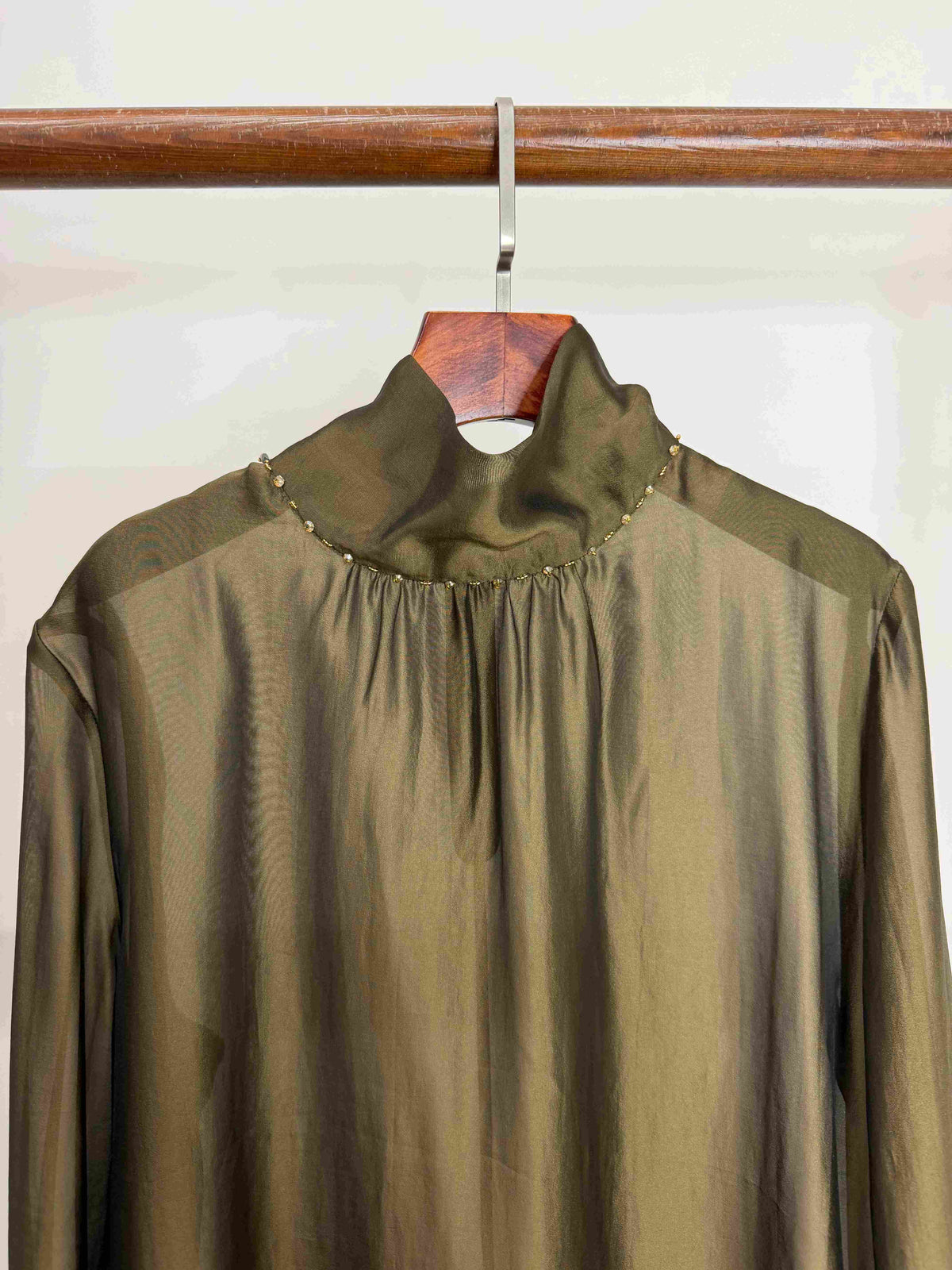 LUXE ORIENTA – Olive Green High-Neck Sheer Blouse with Beaded Collar