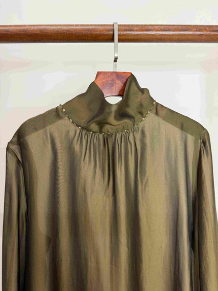 LUXE ORIENTA – Olive Green High-Neck Sheer Blouse with Beaded Collar