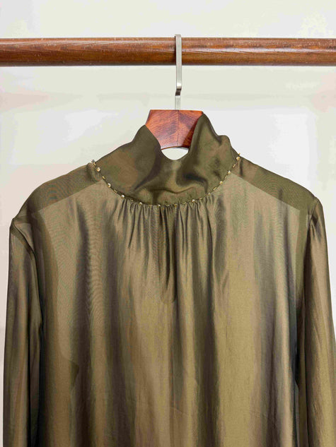 LUXE ORIENTA – Olive Green High-Neck Sheer Blouse with Beaded Collar