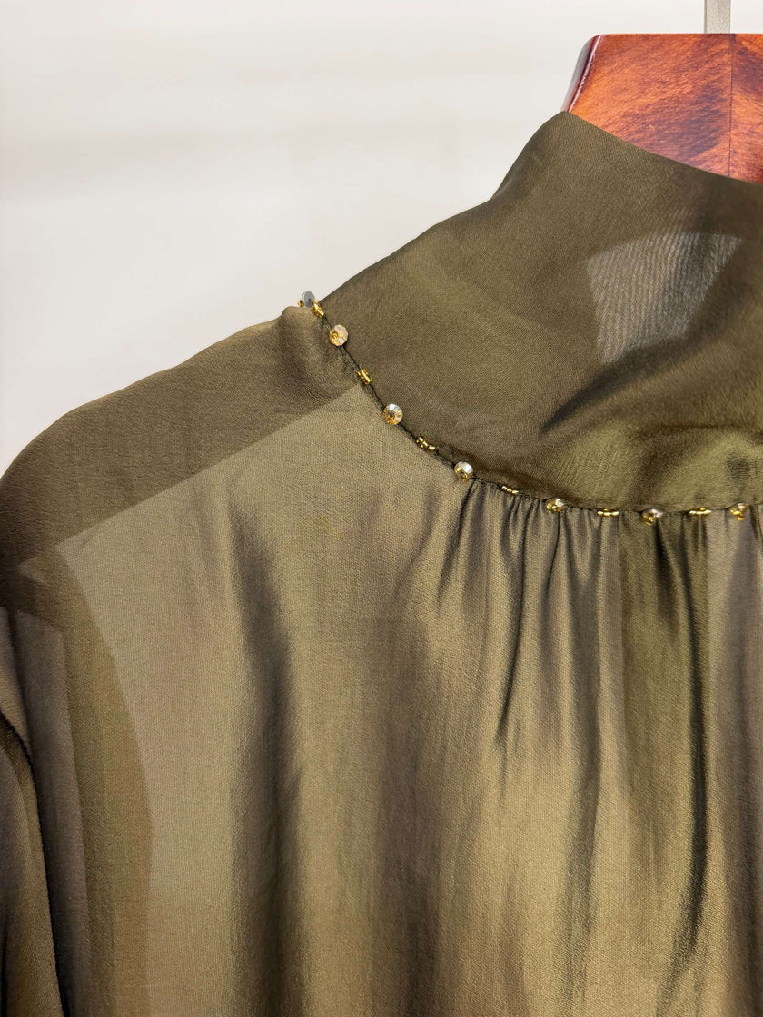 LUXE ORIENTA – Olive Green High-Neck Sheer Blouse with Beaded Collar
