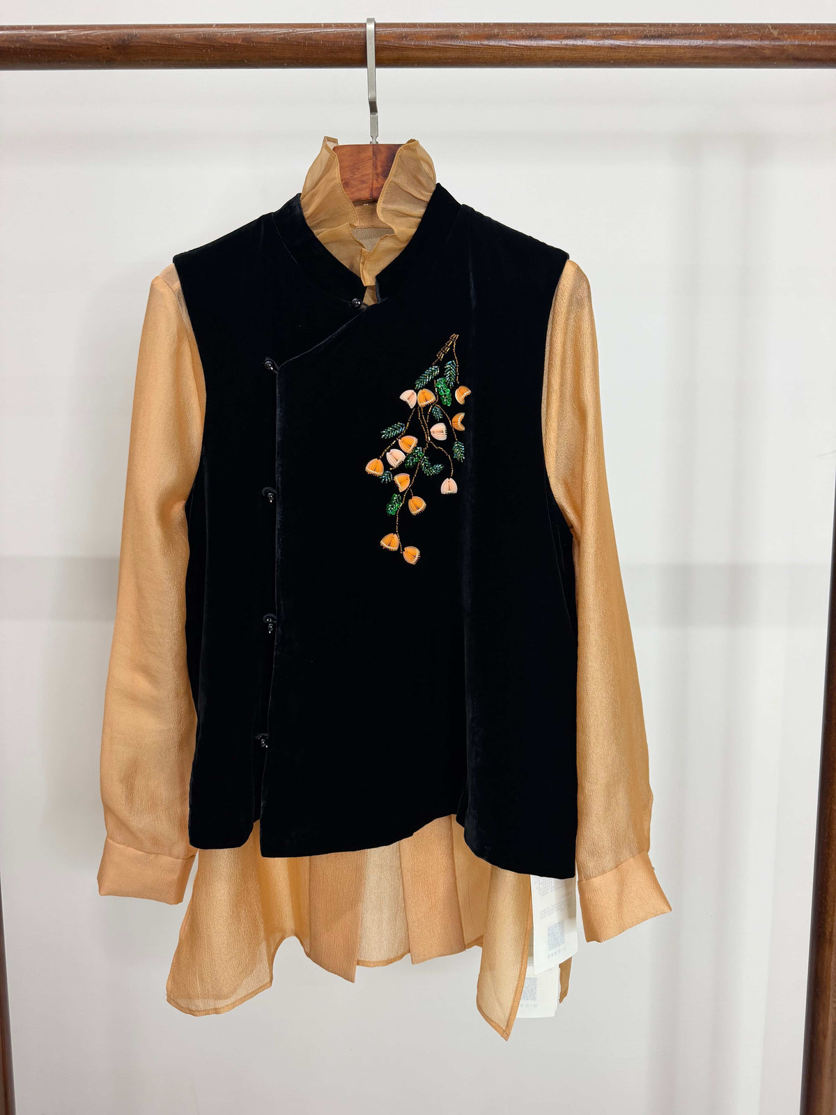 LUXE ORIENTA – French Beaded Silk Velvet Asymmetric Vest in Onyx Black