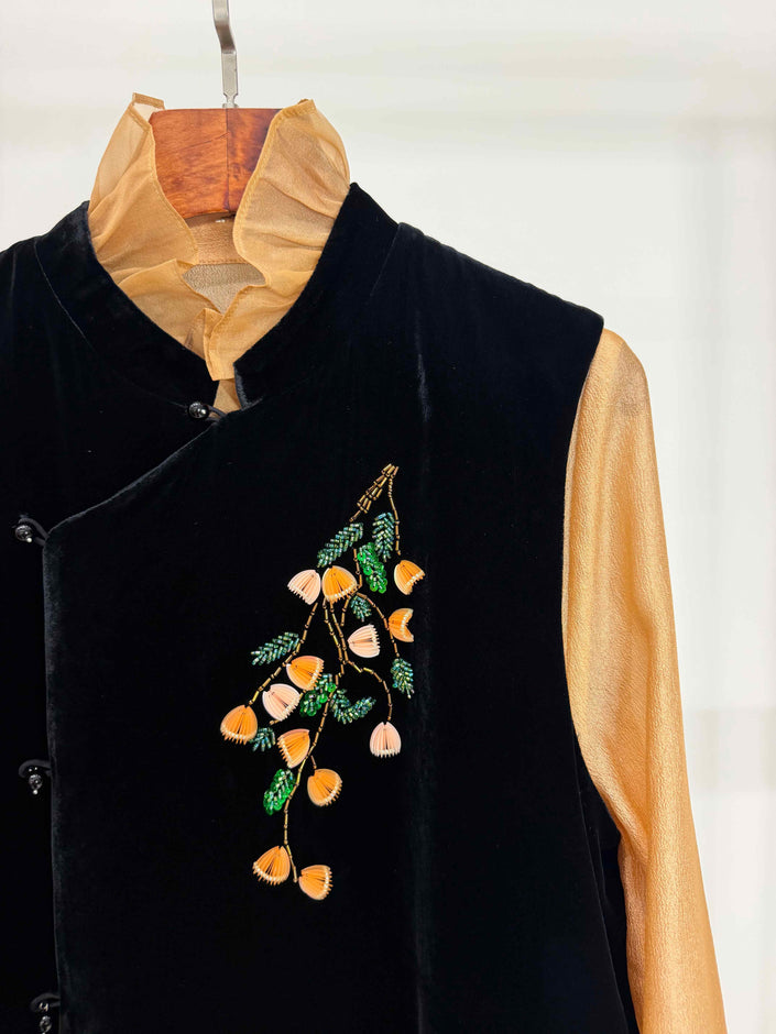 LUXE ORIENTA – French Beaded Silk Velvet Asymmetric Vest in Onyx Black