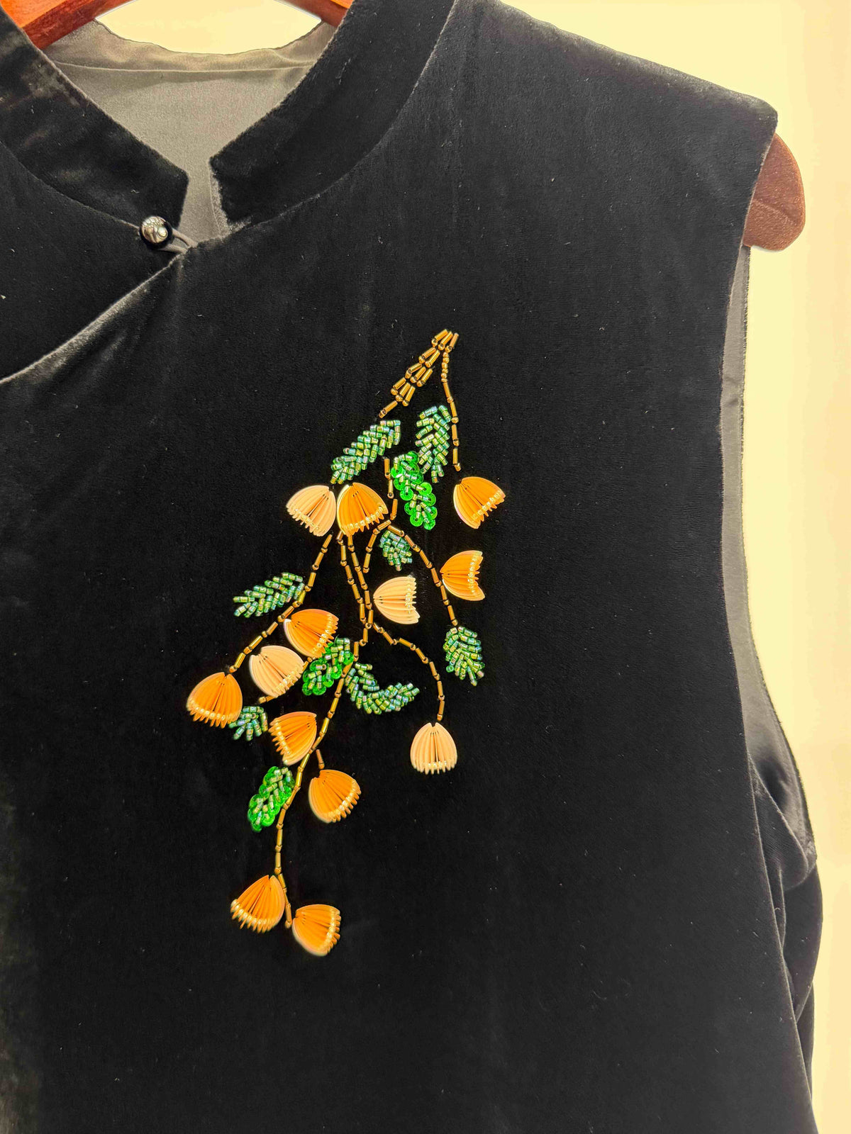 LUXE ORIENTA – French Beaded Silk Velvet Asymmetric Vest in Onyx Black