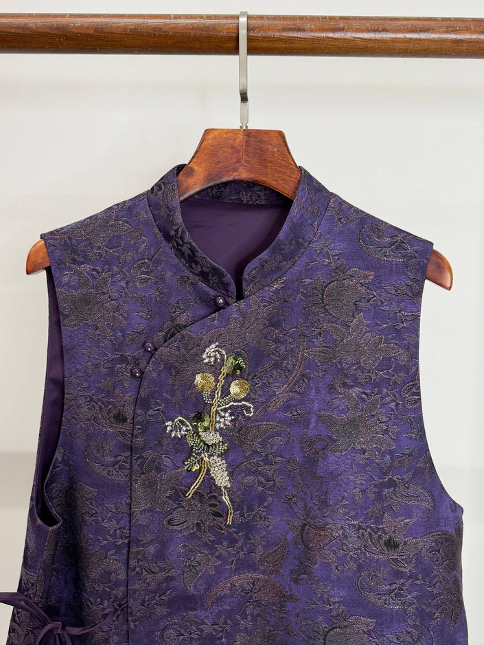 LUXE ORIENTA – French Beaded Brocade Asymmetric Vest in Imperial Purple