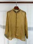 Luminous Metallic Gold Jacquard Blouse with Embroidered Stand Collar & Knot Buttons - Luxe Orienta CO., LIMITED