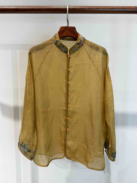 Luminous Metallic Gold Jacquard Blouse with Embroidered Stand Collar & Knot Buttons - Luxe Orienta CO., LIMITED