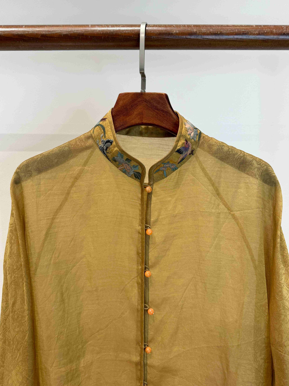 Luminous Metallic Gold Jacquard Blouse with Embroidered Stand Collar & Knot Buttons - Luxe Orienta CO., LIMITED