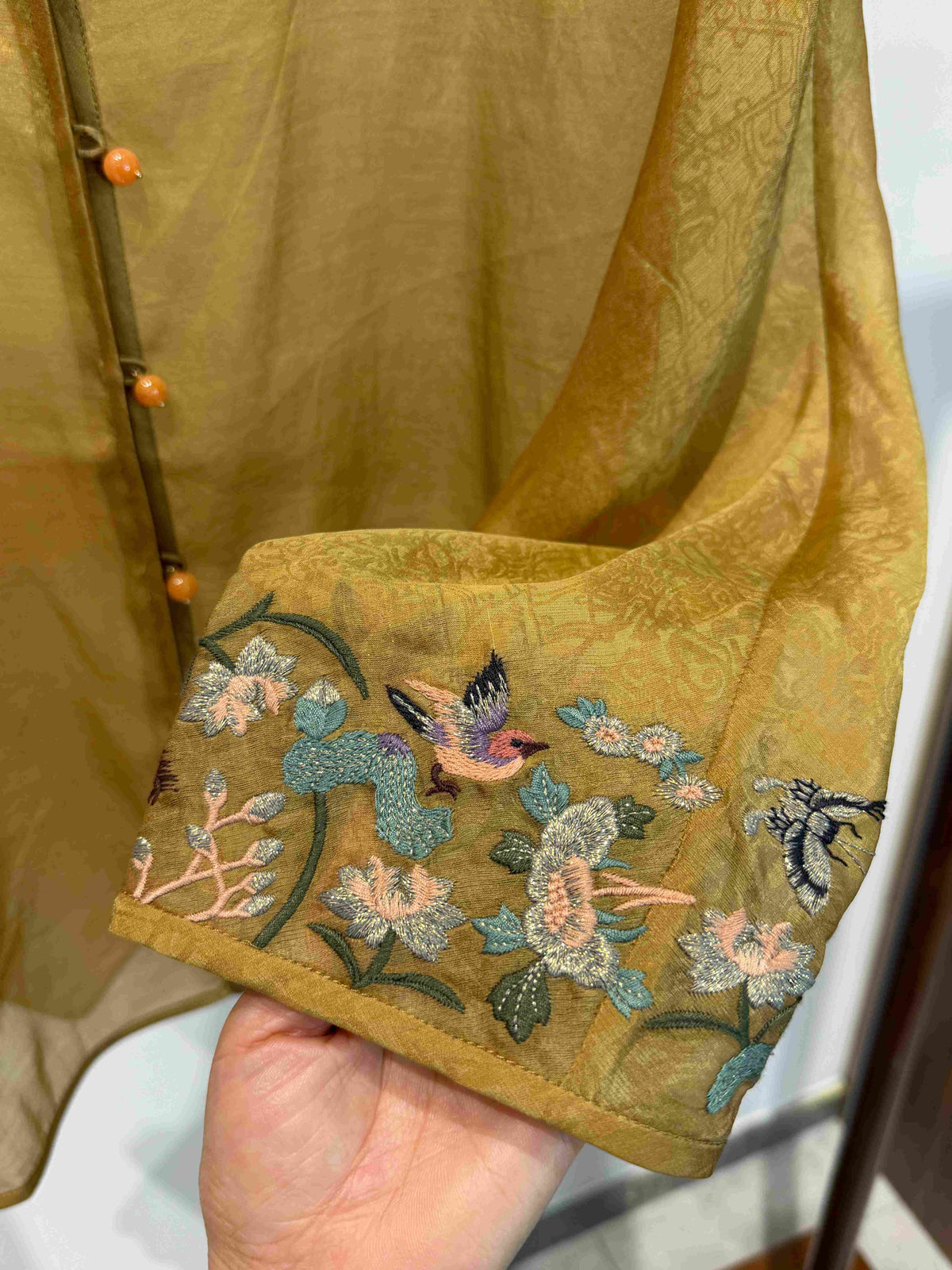 Luminous Metallic Gold Jacquard Blouse with Embroidered Stand Collar & Knot Buttons - Luxe Orienta CO., LIMITED