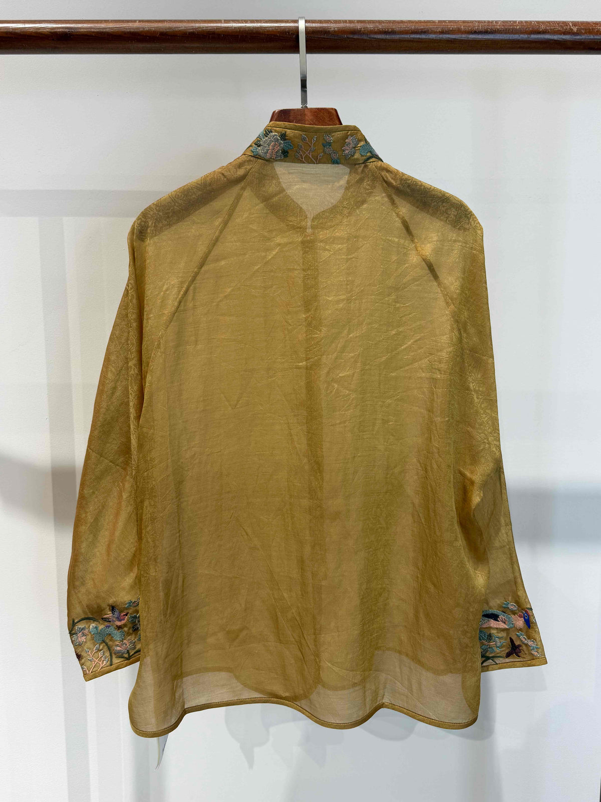 Luminous Metallic Gold Jacquard Blouse with Embroidered Stand Collar & Knot Buttons - Luxe Orienta CO., LIMITED