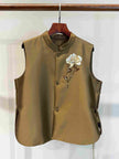 Silk-Wool French Embroidered Vest in Bronze Olive with Sequin Floral Motif - Luxe Orienta CO., LIMITED