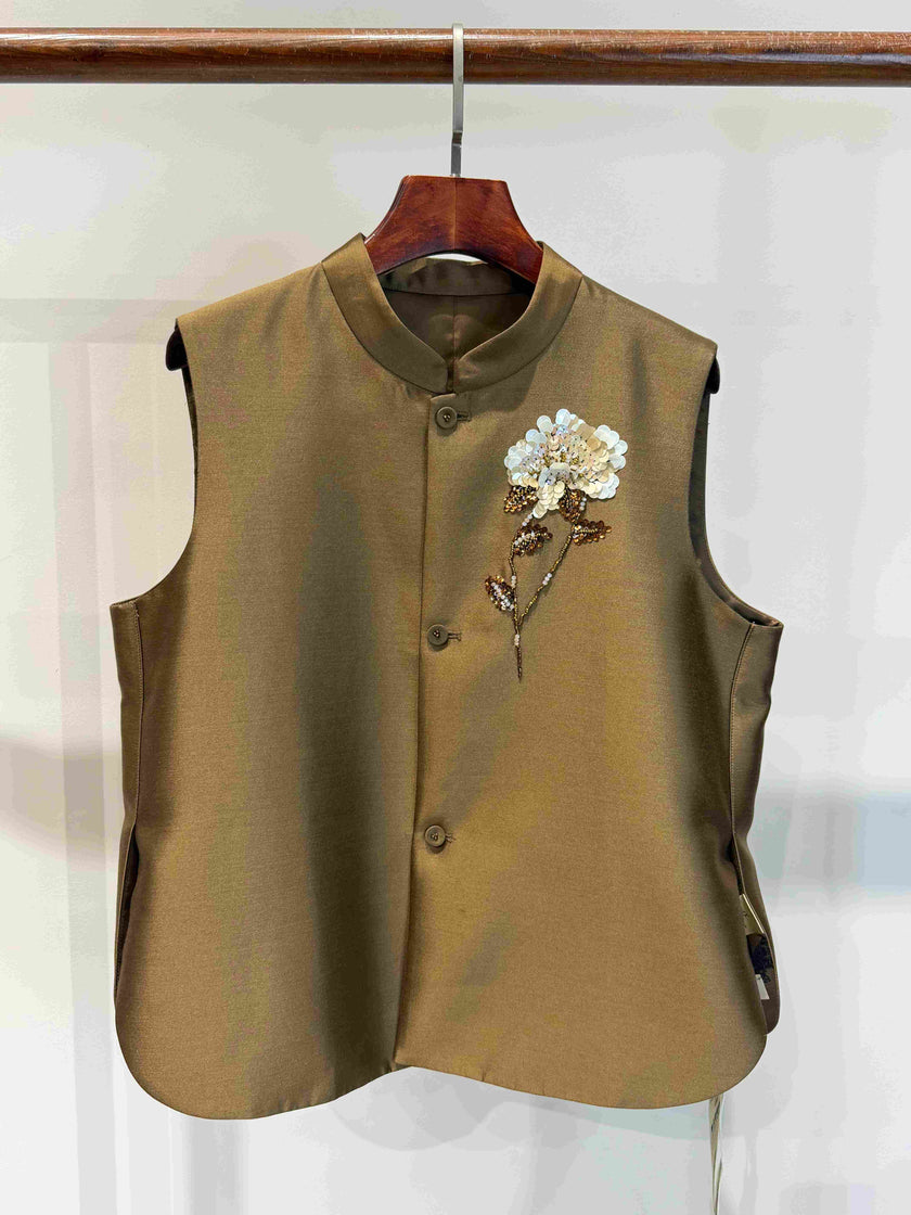 Silk-Wool French Embroidered Vest in Bronze Olive with Sequin Floral Motif - Luxe Orienta CO., LIMITED