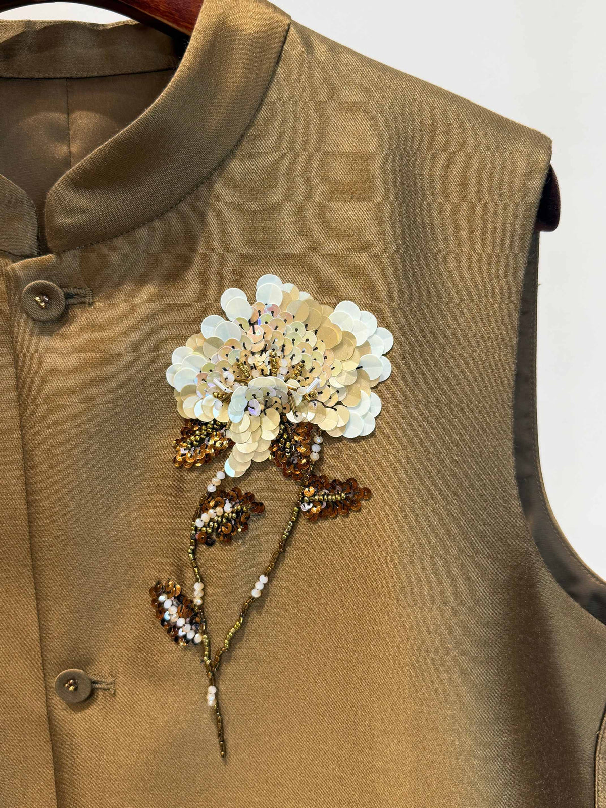 Silk-Wool French Embroidered Vest in Bronze Olive with Sequin Floral Motif - Luxe Orienta CO., LIMITED