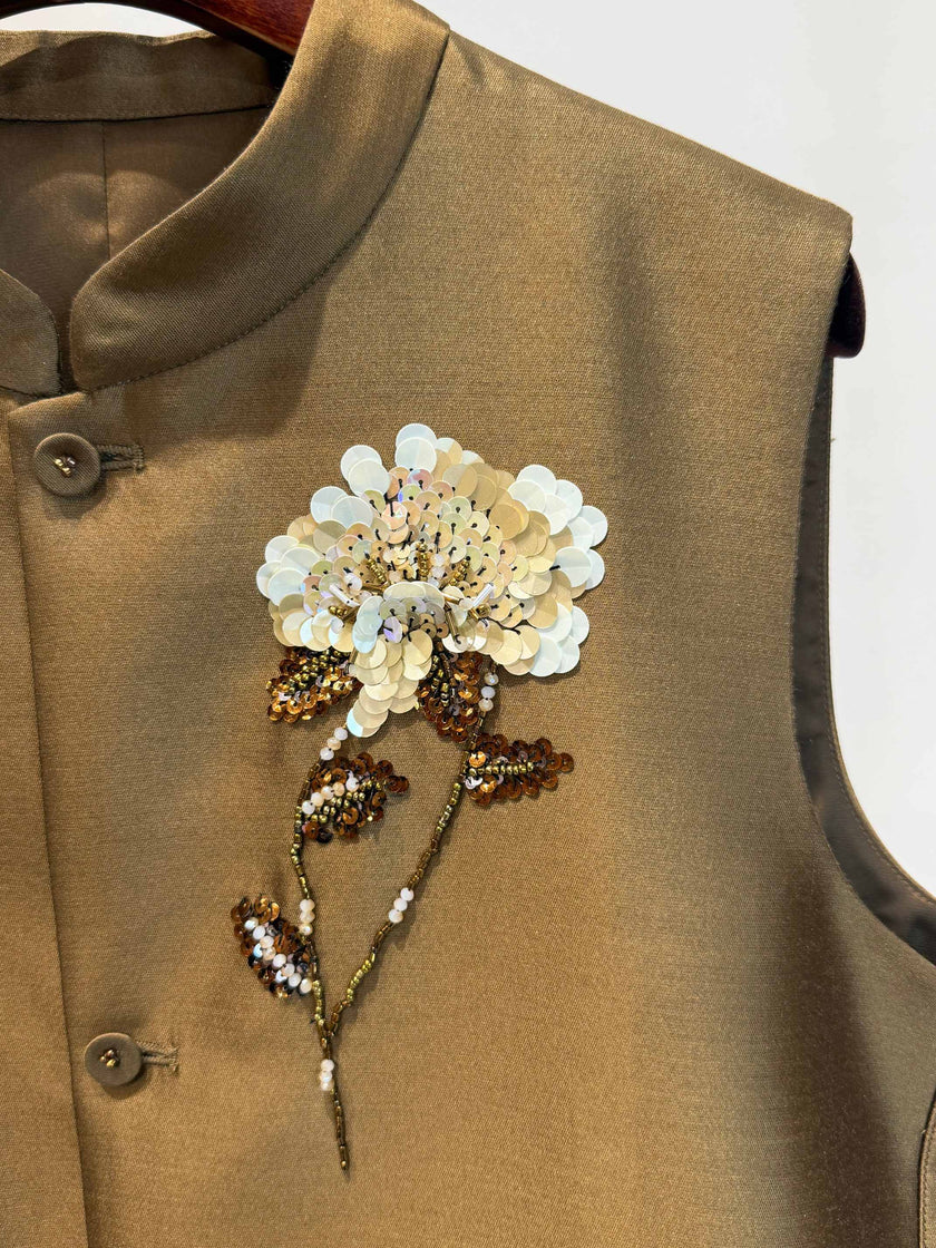 Silk-Wool French Embroidered Vest in Bronze Olive with Sequin Floral Motif - Luxe Orienta CO., LIMITED