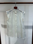 Pure Mulberry Silk Organza Sleeveless Blouse with Stand Collar & Ruffled Armholes - Luxe Orienta CO., LIMITED