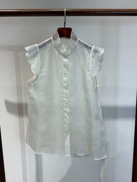 Pure Mulberry Silk Organza Sleeveless Blouse with Stand Collar & Ruffled Armholes - Luxe Orienta CO., LIMITED