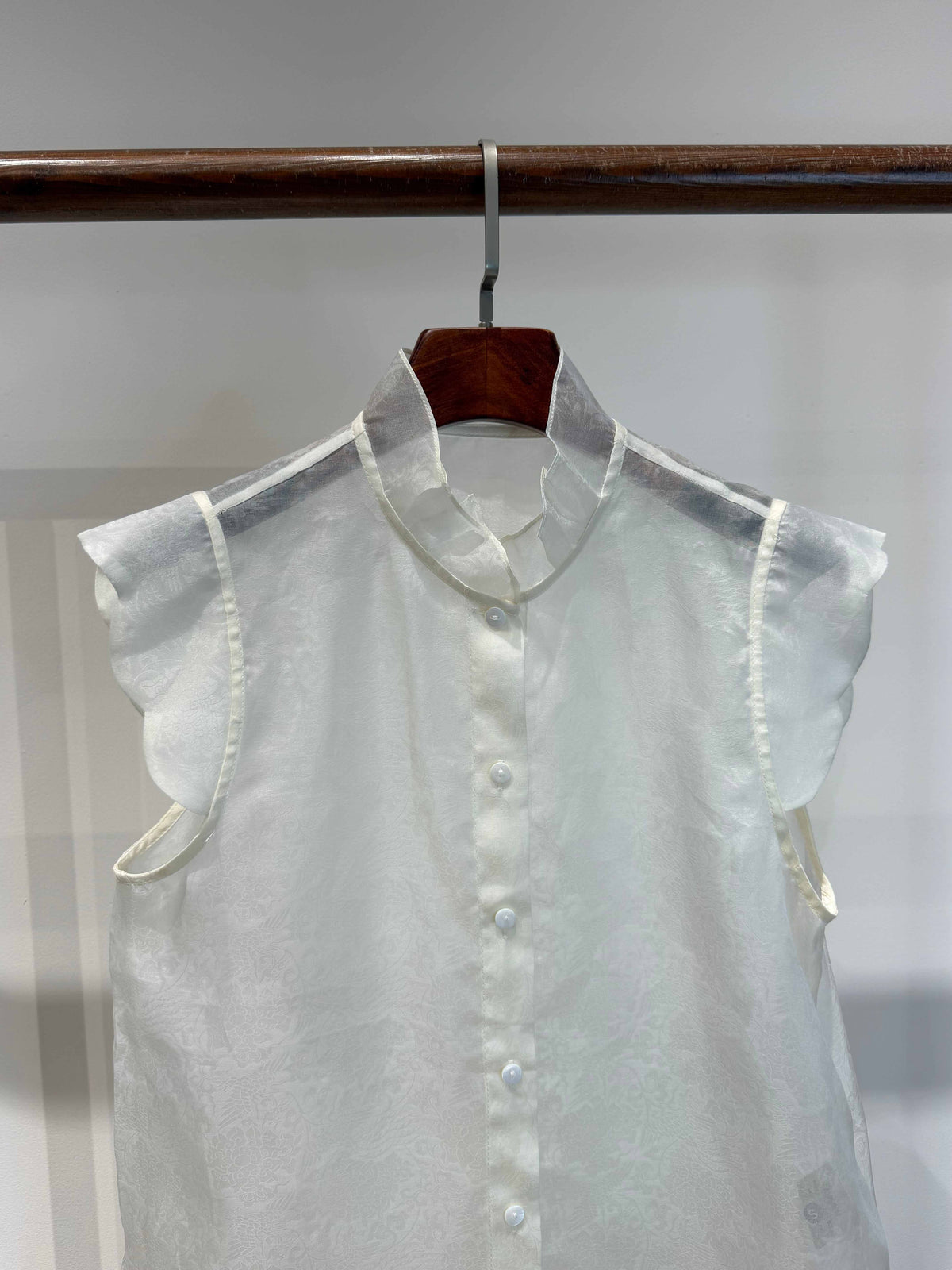 Pure Mulberry Silk Organza Sleeveless Blouse with Stand Collar & Ruffled Armholes - Luxe Orienta CO., LIMITED