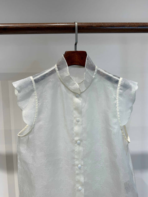 Pure Mulberry Silk Organza Sleeveless Blouse with Stand Collar & Ruffled Armholes - Luxe Orienta CO., LIMITED
