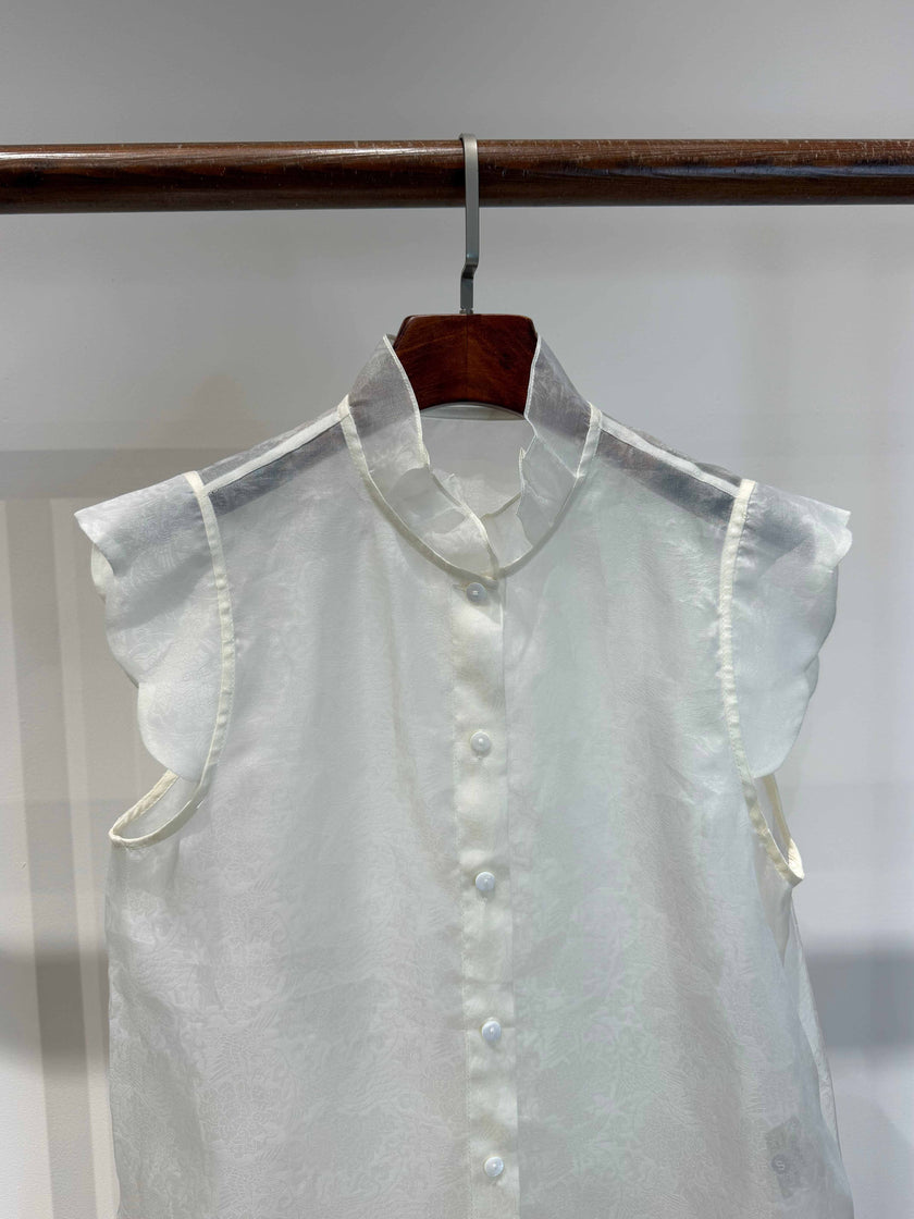 Pure Mulberry Silk Organza Sleeveless Blouse with Stand Collar & Ruffled Armholes - Luxe Orienta CO., LIMITED