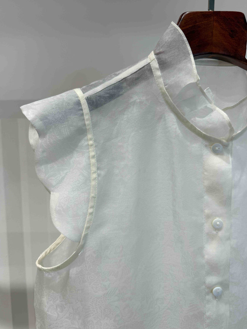 Pure Mulberry Silk Organza Sleeveless Blouse with Stand Collar & Ruffled Armholes - Luxe Orienta CO., LIMITED