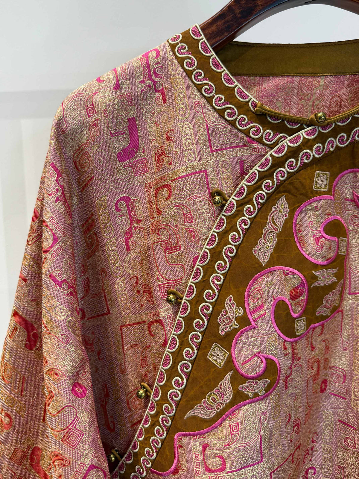 Pure Mulberry Silk Song Brocade Heritage Blouse in Dusty Rose & Olive Gold - Luxe Orienta CO., LIMITED