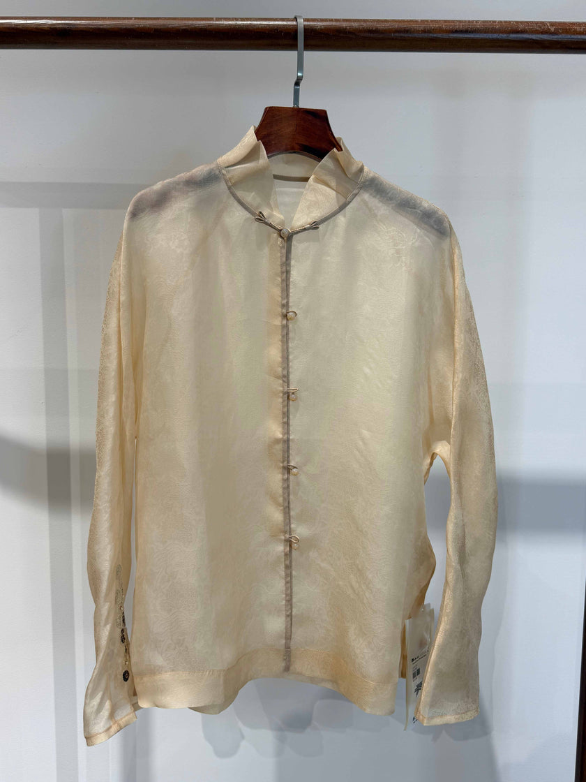 Pure Mulberry Silk Organza Jacquard Blouse with Stand Collar & Hand-Knotted Buttons - Luxe Orienta CO., LIMITED
