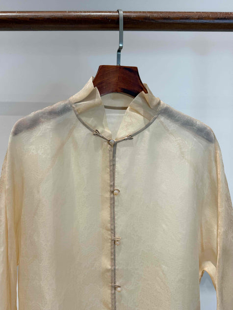 Pure Mulberry Silk Organza Jacquard Blouse with Stand Collar & Hand-Knotted Buttons - Luxe Orienta CO., LIMITED