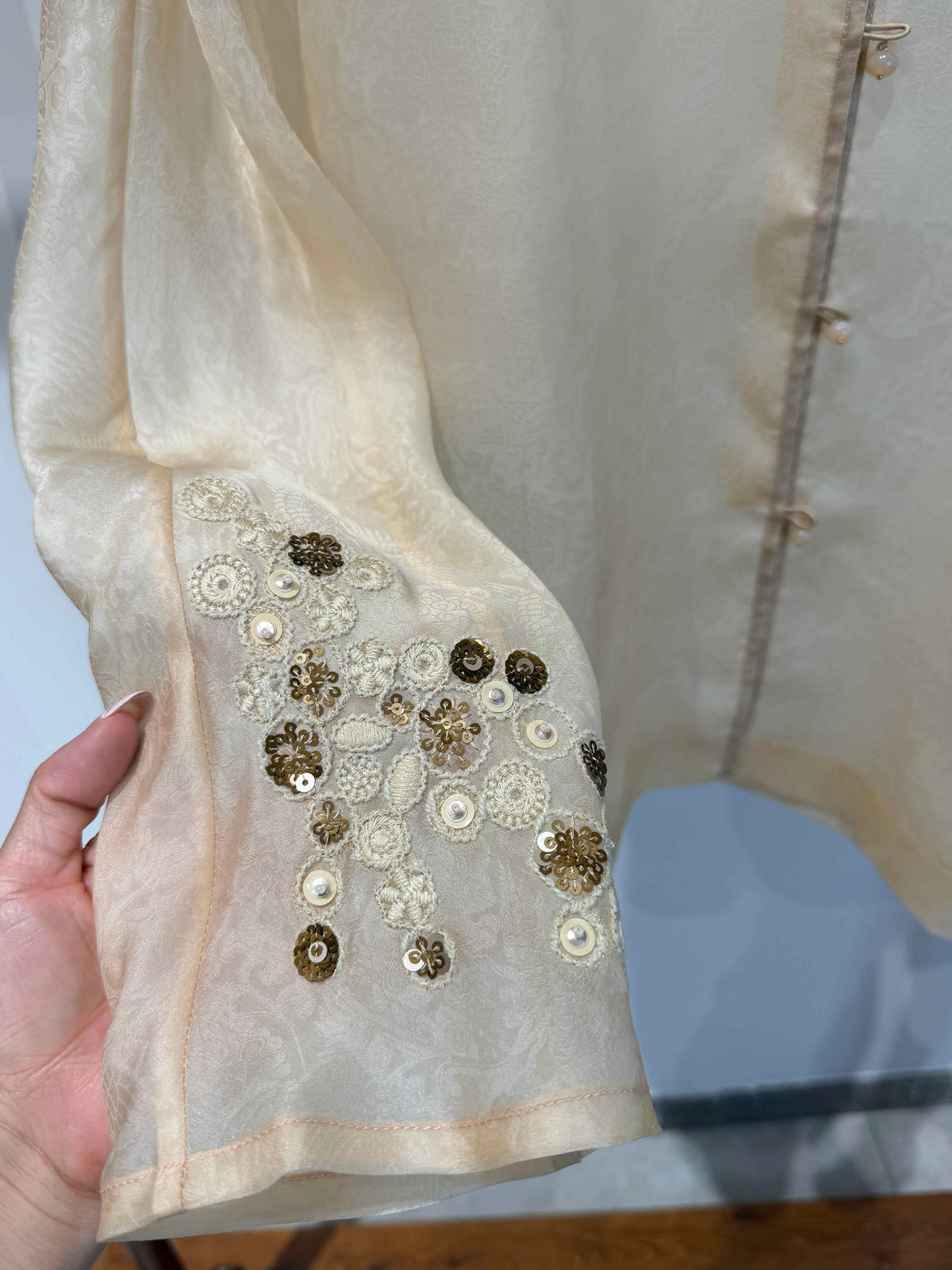 Pure Mulberry Silk Organza Jacquard Blouse with Stand Collar & Hand-Knotted Buttons - Luxe Orienta CO., LIMITED