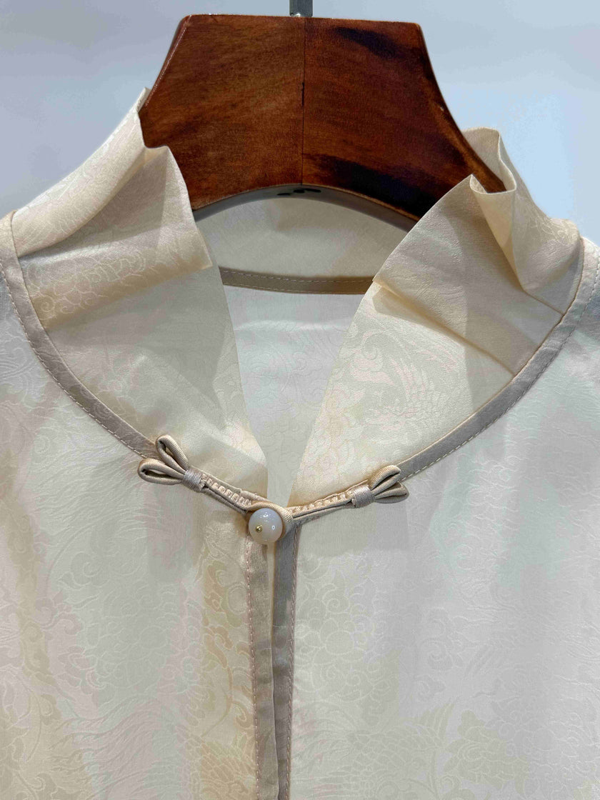 Pure Mulberry Silk Organza Jacquard Blouse with Stand Collar & Hand-Knotted Buttons - Luxe Orienta CO., LIMITED