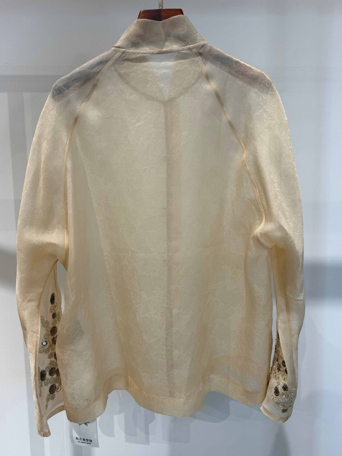 Pure Mulberry Silk Organza Jacquard Blouse with Stand Collar & Hand-Knotted Buttons - Luxe Orienta CO., LIMITED